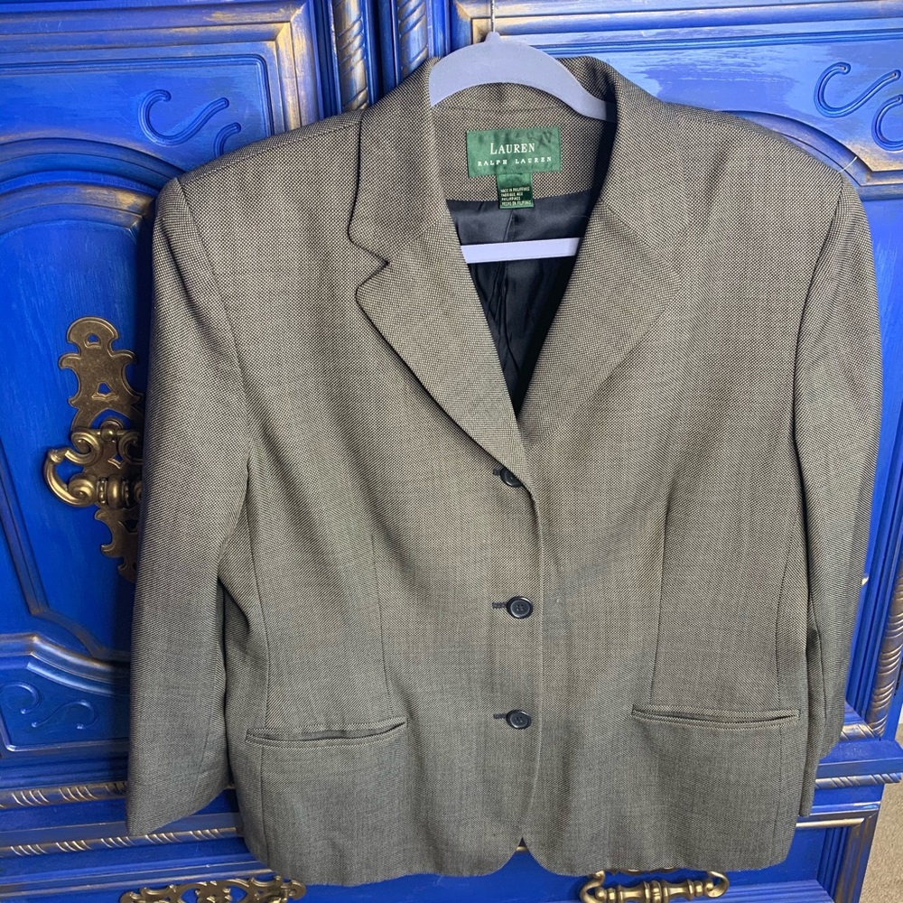 Lauren Ralph Lauren Brown Cream Wool Blazer Sz 14 - Picture 1 of 3